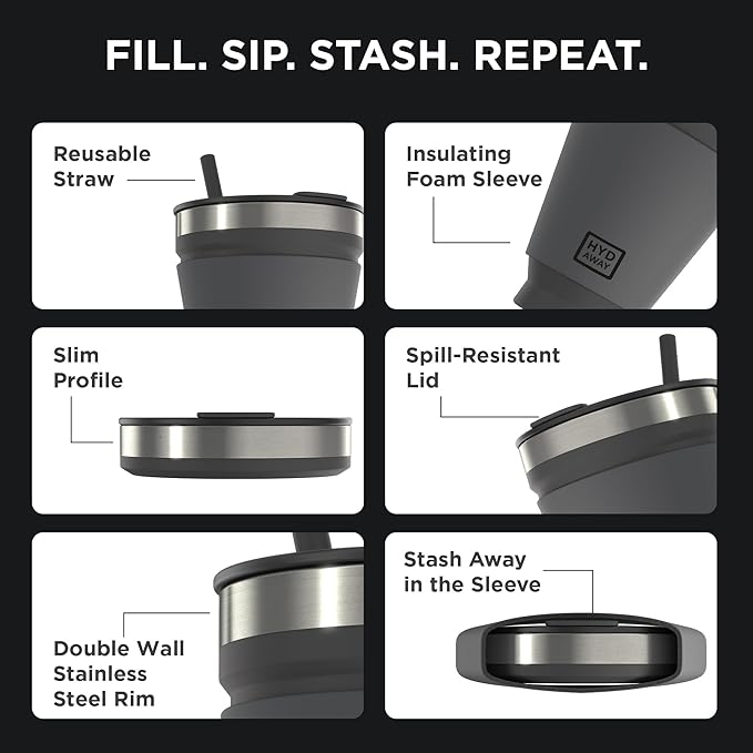 HYDAWAY 16oz Collapsible Tumbler - BPA-Free, Reusable Silicone Cup with Lid & Insulating Sleeve - Perfect for Coffee, Travel, and Everyday Use