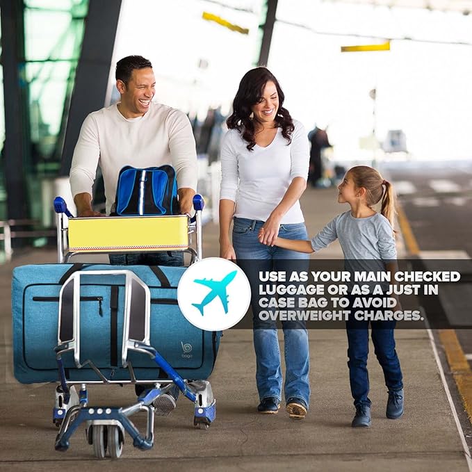 Bago Foldable Duffel Bags for Traveling Women & Men - 60L Medium Packable Duffle Bag for Travel with Shoe Compartment - Water Repellant, Heavy Duty, Lightweight Folding & Collapsible (SnowBlue)