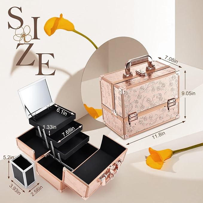 FRENESSA Makeup Case 11.8 Inch Makeup Organizer Case Large Cosmetic Box with Mirror Portable 3 Trays Travel Storage Box for Make Up Nail Tech Kits Cosmetology Case 3D Rose Gold Floral