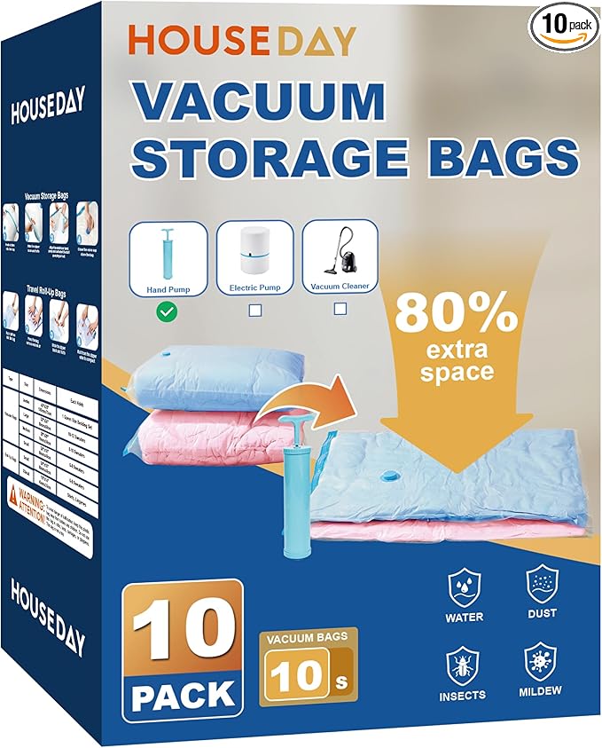 HOUSE DAY 10 Small Vacuum Storage Bags with Pump,Space Saving Vacuum Seal Bags For Clothing Travel, Vacuum Storage Bags For Clothes, Blankets, Moving, Camping, Toys, Reusable & Durable, Hand Pump