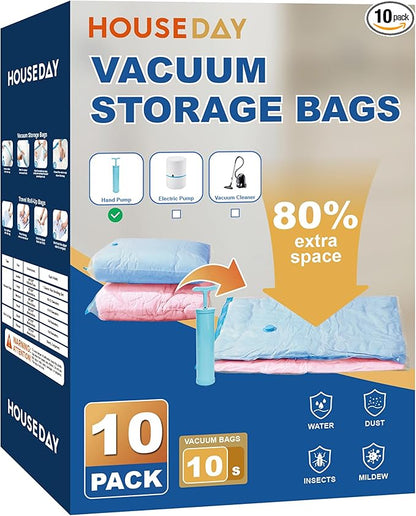 HOUSE DAY 10 Small Vacuum Storage Bags with Pump,Space Saving Vacuum Seal Bags For Clothing Travel, Vacuum Storage Bags For Clothes, Blankets, Moving, Camping, Toys, Reusable & Durable, Hand Pump