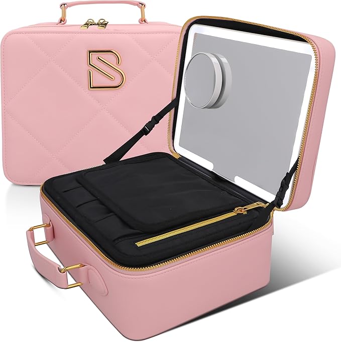 BAREZ Premium PU Leather Makeup Bag With LED Mirror - 3 Brightness Mirror Light Settings - Adjustable Dividers - Removable Mirror Waterproof Cosmetic Travel Bag - A Luxury Gift for Her (Pink)