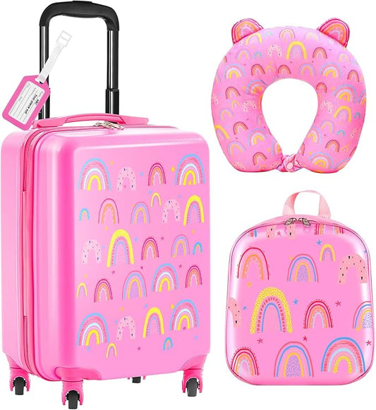 Sanwuta 4 Pcs Kids Luggage Set Backpack Travel Rolling Suitcase U-shape Pillow Christmas Children Gift for Girls Boys(20 Inch,Rainbow Style,Pink)