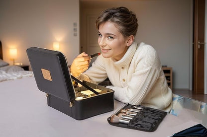 Travle Makeup Bag with LED Mirror, Portable Makeup Artist Organizer Case with Lighted Mirror, Makeup Bag with Adjustable Dividers, Cosmetic Brush Storage Box for Women Gift