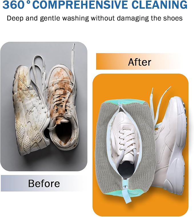 Shoe Washing Machine Bag, 2Pcs Laundry Shoe Bags for Washer and Dryer, 360° Deep Clean, Reusable Cleaning Kit for All Shoe Sizes, Endurable Zipper Washing Bag for Sneaker Gym Shoes, Gray
