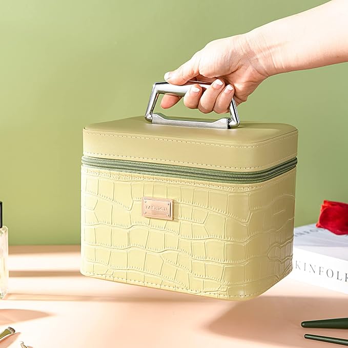 Portable leather hard cosmetic case with mirror, Green cosmetic box organizer,Professional train case make up box for women adults.