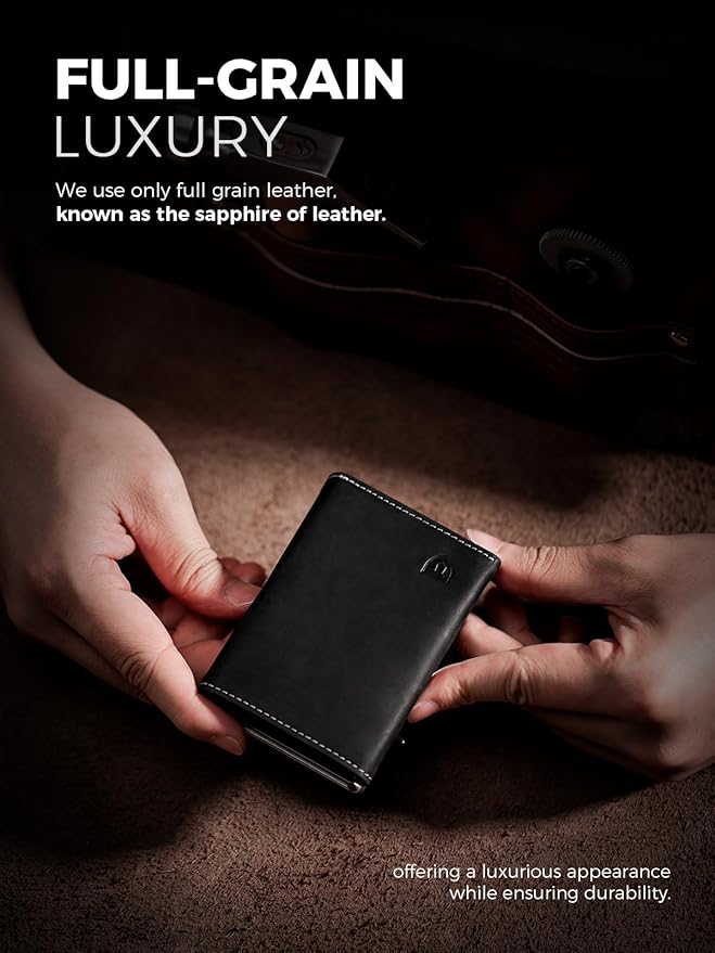 LORZOR Wallet for Men with Metal Card Holder, Pop Up Wallet, Finest Full Grain Leather Trifold Wallet, Smart, Minimalist, RFID Blocking, Front Pocket, ID Window, Black/Silver