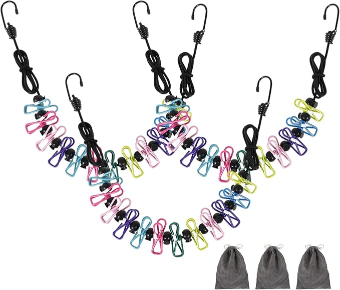 3 Pcs Travel Clothesline with 12 Colorful Clips, Portable Clothes Line Elastic Travel Clothesline for Indoor and Outdoor Balcony Outdoor Camping Use
