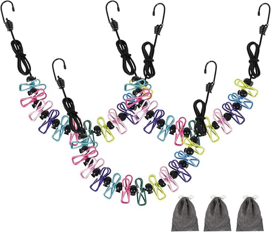 3 Pcs Travel Clothesline with 12 Colorful Clips, Portable Clothes Line Elastic Travel Clothesline for Indoor and Outdoor Balcony Outdoor Camping Use