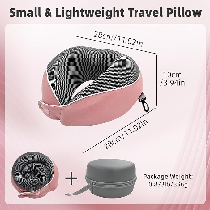 Memory Foam Neck Pillow Travel - Travel Pillows for Airplanes with Round Storage Box, 360° Ergonomic Support for Sleeping on Long Flights, Compact & Portable (Pink)