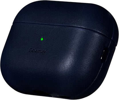 Belemay Handcrafted Full-Grain Vegetable-Tanned Leather Case for AirPods Pro 3rd Gen (2025), Classy Two-Tone Effect, Natural Patina, Compatible with MagSafe, Compatible with Airpods Pro 3, Navy Blue