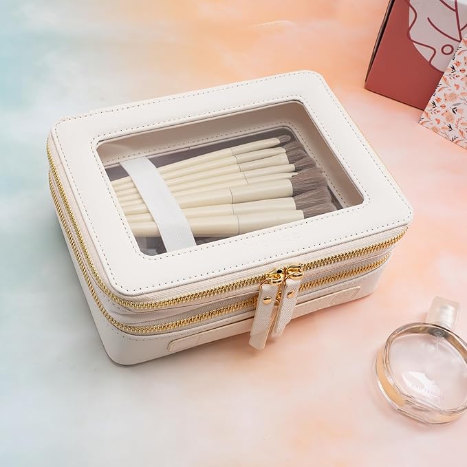 Aveniee Large Clear Makeup Bags, Double Layer Cosmetic Bags with Separate Brush Compartment, Travel Toiletry Bag Cosmetic Train Case, Travel Accessories Organizer for Women(2 Layers, White)