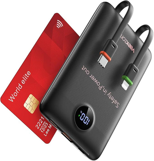 VEEKTOMX Portable Charger Built-in Cables, Slim Power Bank for iPhone, Fast Charge USB C Battery Pack Travel Essentials Phone Charger Compatible with iPhone 17/16/15/14, Samsung S25/24