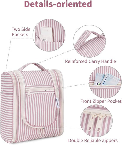 Narwey Small Striped Hanging Travel Toiletry Bag for Women, Travel Bag for Toiletries, Makeup Bag Organizer Cosmetic Bags Make Up Bags for Women (Dusty Rose Stripe)