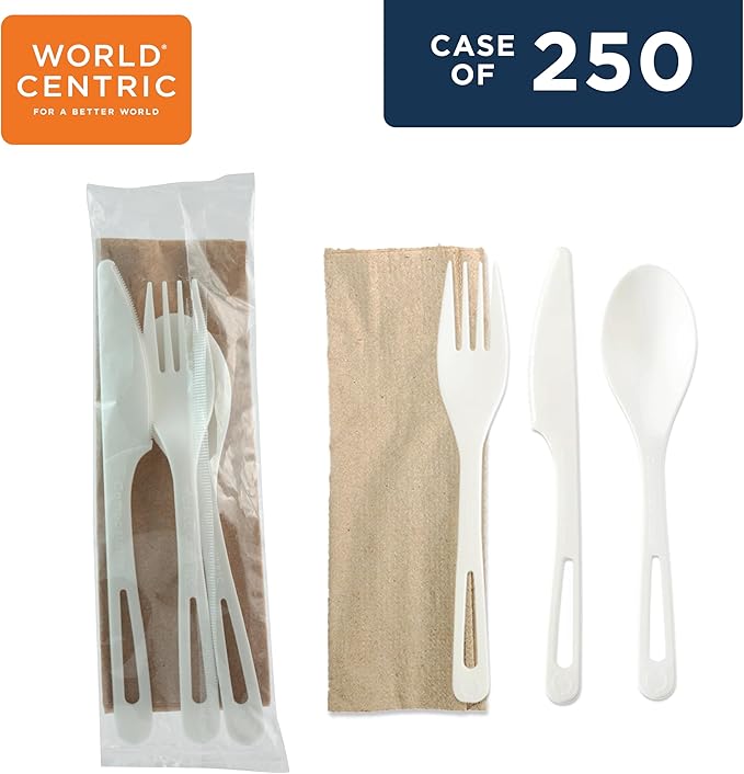World Centric Compostable Cutlery with Napkin 6" - TPLA, Assorted and Wrapped - 250 Pack