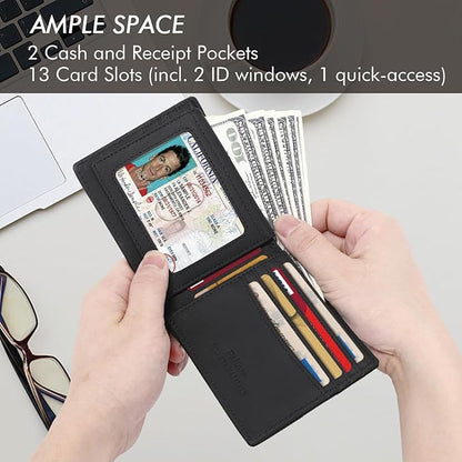 Full Grain Leather Wallet for Men, RFID Blocking, Mens Wallet Bifold with 2 ID Windows, Billfold with 13 Card Slots, Leather Gift for Men, American Flag Wallet Black