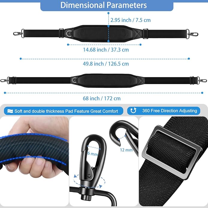 ZINZ Shoulder Strap 68" with Padded, Bag Strap with Dual Buckles and Metal Swivel Hooks for Laptop Bag, Briefcase and More