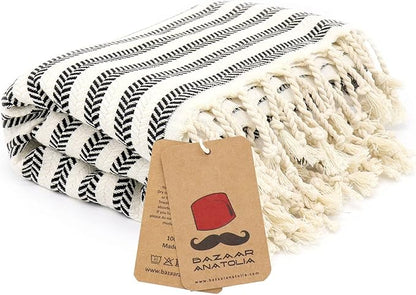 Bazaar Anatolia Turkish Beach Towel – 100% Cotton, Quick Dry, Sand Free Boho Farmhouse Style for Bathroom, Travel, Camping – Oversized 71x39 Inches – Arpa Black