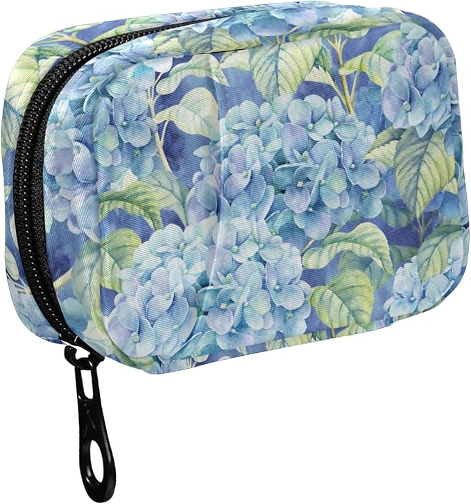 Fustylead Vibrant Watercolor Blue Hydrangea and Leaves Pill Organizer Travel Bag, Small Portable Pill Case Cute for Vitamin Fish Oil Supplements Medicine Organizer with Zipper