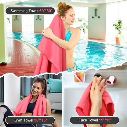 Quick Dry Travel Towel, 3 Sizes 1 Pack Camping Microfiber Towel, Lightweight Fast Drying Towels Set 60"x30", 30"x15", 15"x15" w/Bag for Gym, Beach, Hiking, Swimming, Red