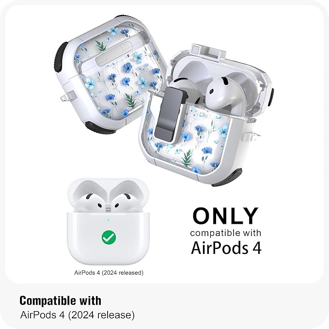 WENEW Case for AirPods 4th Case Cover Secure Lock Automatic Snap Switch Clip Cleaner Kit Lanyard Women Stylish Flower Armour Hard Shell Full Body Front LED Visible (Blue Flower, AirPods 4th)