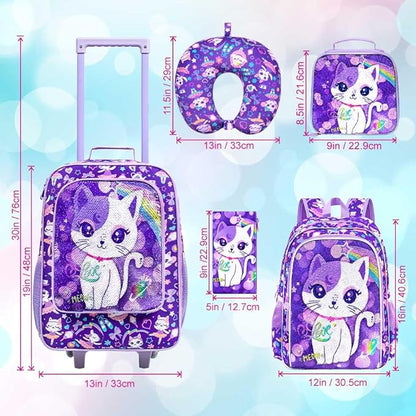 5PCS Kids Suitcase Set for Girls, Cute Sequins Cat Rolling Luggage, Travel Carry-On for Toddlers & Elementary Children
