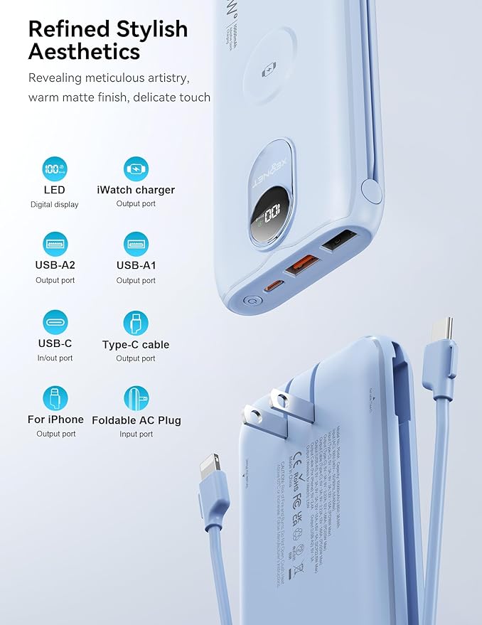 Portable Charger, 10000mAh 22.5W Fast Charging Power Bank with Built in Cable & Wall Plug, Travel Essential Battery Pack with LED Display, External Charger for iPhone, iWatch 11/10/9/8/Ultra/SE Blue