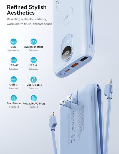 Portable Charger, 10000mAh 22.5W Fast Charging Power Bank with Built in Cable & Wall Plug, Travel Essential Battery Pack with LED Display, External Charger for iPhone, iWatch 11/10/9/8/Ultra/SE Blue