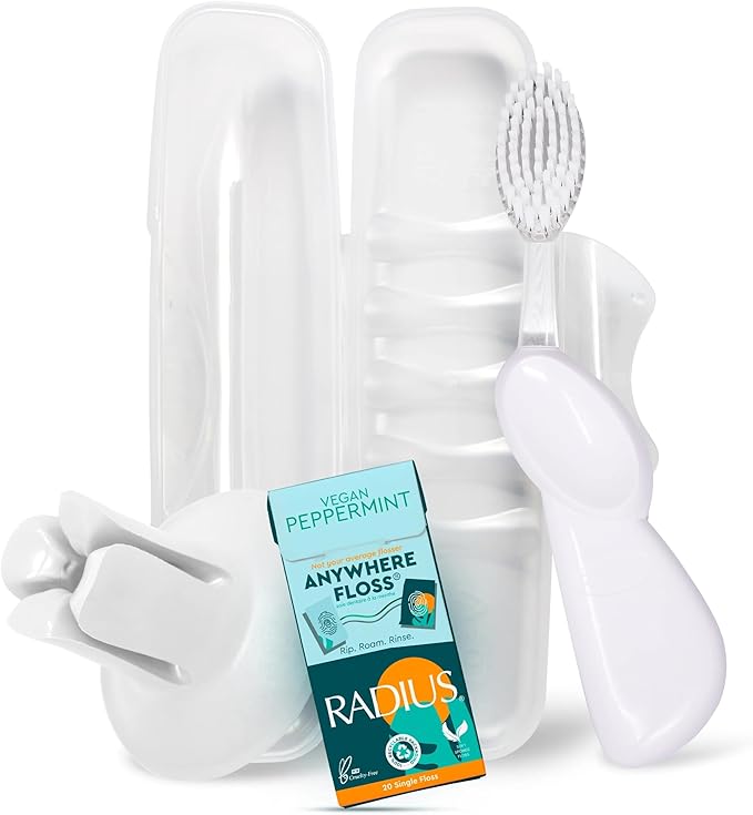 RADIUS Vacation Pastel Bundle, Includes Right Handed Big Brush with Replaceable Head, Toothbrush Travel Case, DOC Toothbrush Holder, Anywhere Travel Floss Packette, White, 4 Piece Bundle