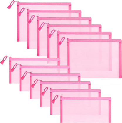 12 Pieces Zipper Nylon Mesh Pouch, Mesh Cosmetic Bags Makeup Bags Pencil Case, Multipurpose Travel Bags for Cosmetic School Office Supplies and Travel Accessories (Pink, A5+B6) (WB06)