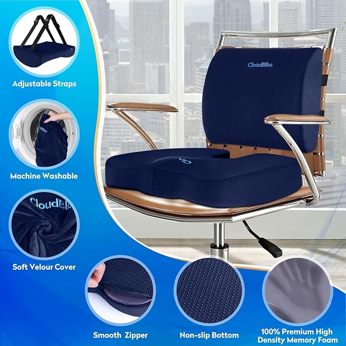 CloudBliss Seat Cushion,Office Chair Cushions,Car Seat Cushion,Lumbar Support Pillow for Office Chair,Back Support Memory Foam Pillow Coccyx Cushion for Tailbone Pain,Sciatica & Back Pain Relief -Blue
