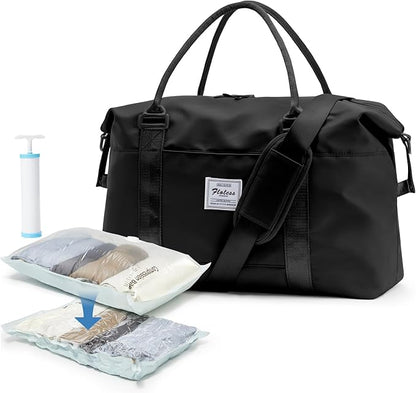 Large Gym Bag for Women Carry on Duffel 18 x 14 x 8 inches Spirit Airlines Travel Essentials Bag Weekender Space Saver Clothes Vacuum Storage Bags with hand pump,Duffle Hospital Luggage backpack Black