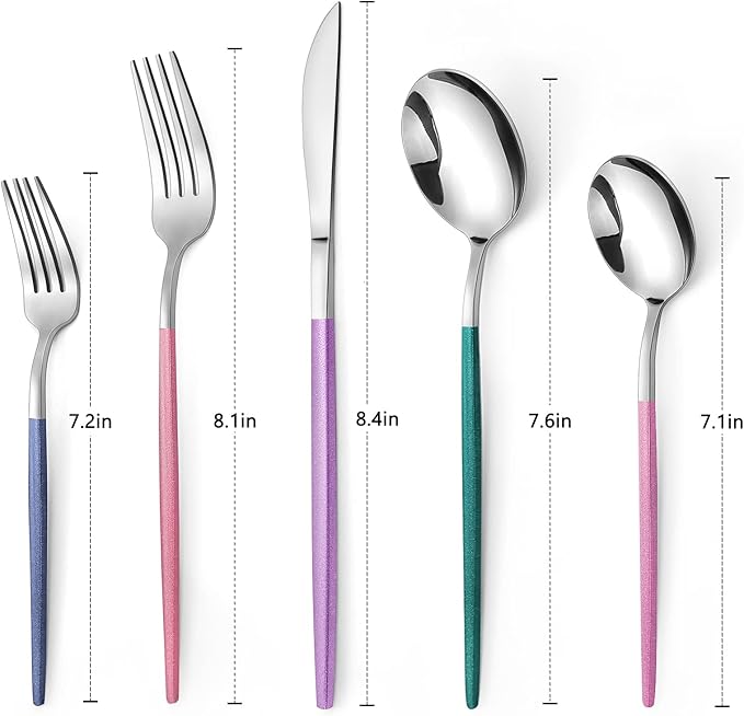 Mirror Silver multicolor Silverware Set, 20-Piece Stainless Steel Flatware Set, Satin Finish tableware Cutlery Set, Service for 4, Home and Restaurant, Dishwasher Safe
