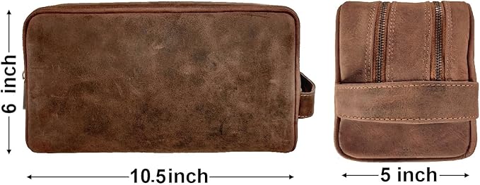 RUSTIC TOWN Full Grain Leather Travel Toiletry Bag - Cosmetic Makeup Kit Organizer (Brown)