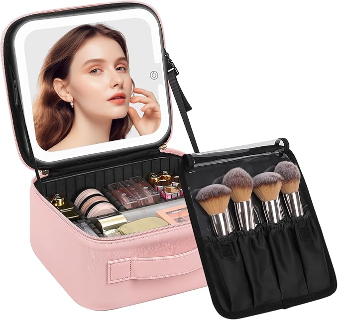 Chomeiu Makeup Bag with LED Mirror, Cute Cosmetic Bags Birthday Gifts for Girls Women, Makeup Train Case Artists Organizer Large Make Up Bags with Light Up Mirror 3 Color Lights, Pink