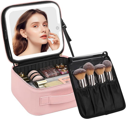 Chomeiu Makeup Bag with LED Mirror, Cute Cosmetic Bags Birthday Gifts for Girls Women, Makeup Train Case Artists Organizer Large Make Up Bags with Light Up Mirror 3 Color Lights, Pink