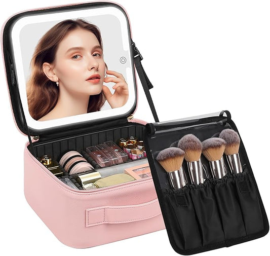 Chomeiu Makeup Bag with LED Mirror, Cute Cosmetic Bags Birthday Gifts for Girls Women, Makeup Train Case Artists Organizer Large Make Up Bags with Light Up Mirror 3 Color Lights, Pink