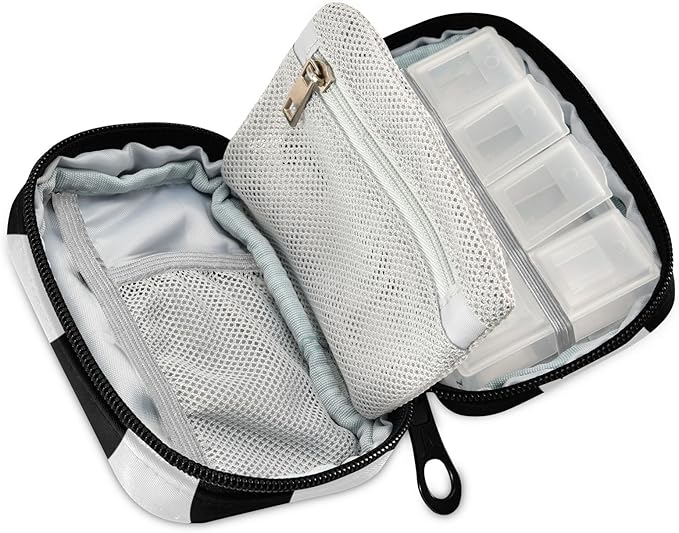 Pill Organizer Box Case Weekly Travel Pill Container Cute Pill Holder 7Day Vitamin Organizer Pill Dispenser Sorter Planner Storage Small Compact Checkerboard White and Black05