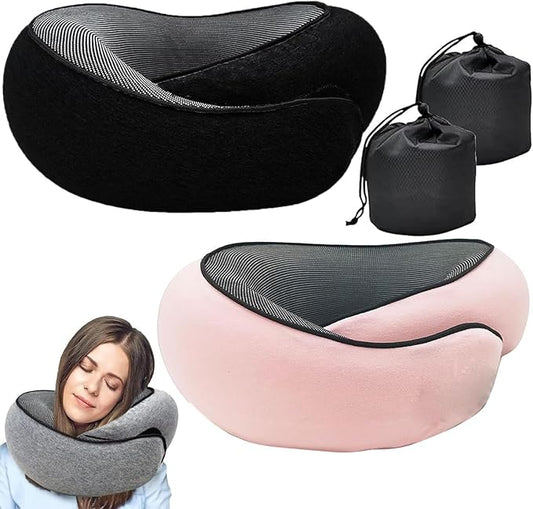 RURING Travel Pillows for Airplanes, Travel Neck Pillow Travel Pillow, Neck Pillow Airplane Memory Foam 360 Degree Support Stowable Pillows for Airplanes Offices and Cars 2PCS (Pink + Black)