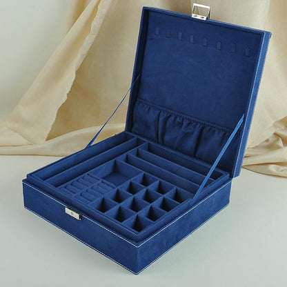 Jewelry Boxes 10 x 10 Inches 2-layer Handle Necklace Holder Organizer Jewellery Women Rings Storage Display Girls Earrings Case Lockable Jewelry Tray GY641 (Navy)