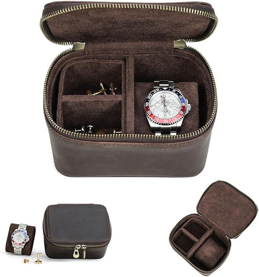 CONTACTS Crazy Horse Leather Watch Case and Cufflink Storage Box for Men Small Travel Zipper Jewelry Accessory Organizer