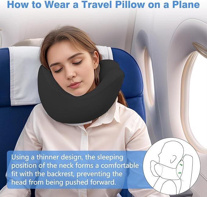 Upgraded Neck Pillow Airplane, Memory Foam Travel Neck Pillows for Long Flight, 3D Eye Masks, Ear Plugs and Portable Drawstring Bag, Napping Pillow for Home, Road Trips, Sleep Rest and Travel Use