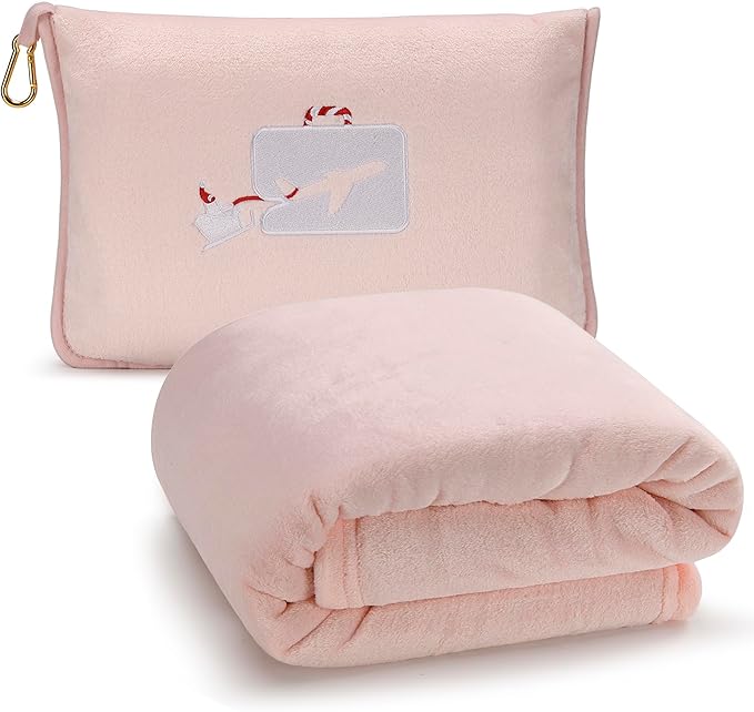 EverSnug Limited Edition Travel Blanket and Pillow - Ultra-Soft, Compact & Lightweight, 65x40 Inches, with Carry Case, Luggage Sleeve & Backpack Clip (Holiday Edition Light Pink)