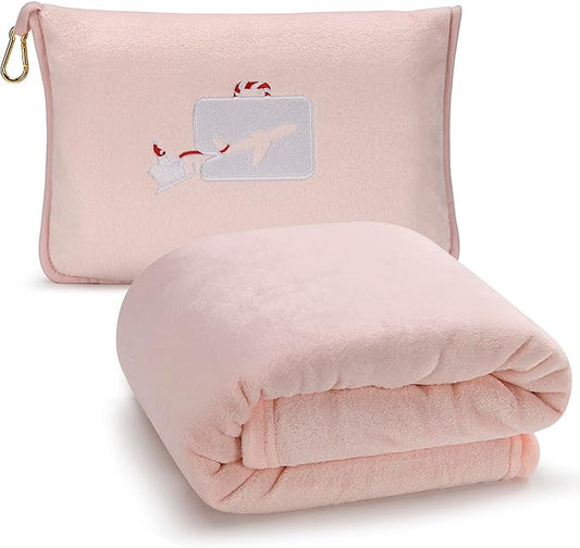 EverSnug Limited Edition Travel Blanket and Pillow - Ultra-Soft, Compact & Lightweight, 65x40 Inches, with Carry Case, Luggage Sleeve & Backpack Clip (Holiday Edition Light Pink)