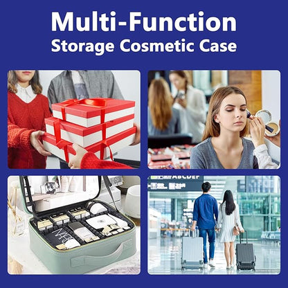 Travel Makeup Bag for Makeup Artists Large Makeup Case,with Mirror 3 Color Setting and Detachable 10x Magnifying Mirror Travel Makeup Bag,Portable Storage and Adjustable Dividers-dark blue