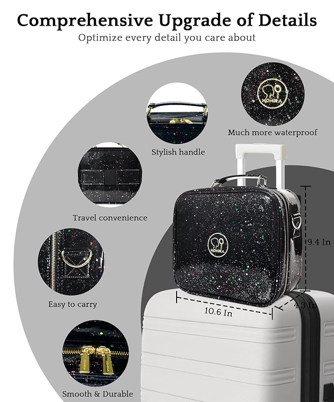 MOMIRA Travel Makeup Bag Cosmetic Bag with Lighted Mirror, Adjustable Brightness in 3 Color Scenarios/Detachable makeup mirror, 2024-All-round Upgrade, Waterproof, Gift for Women -Glett Black