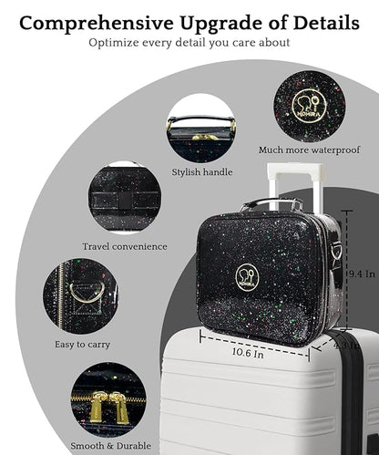 MOMIRA Travel Makeup Bag Cosmetic Bag with Lighted Mirror, Adjustable Brightness in 3 Color Scenarios/Detachable makeup mirror, 2024-All-round Upgrade, Waterproof, Gift for Women -Glett Black