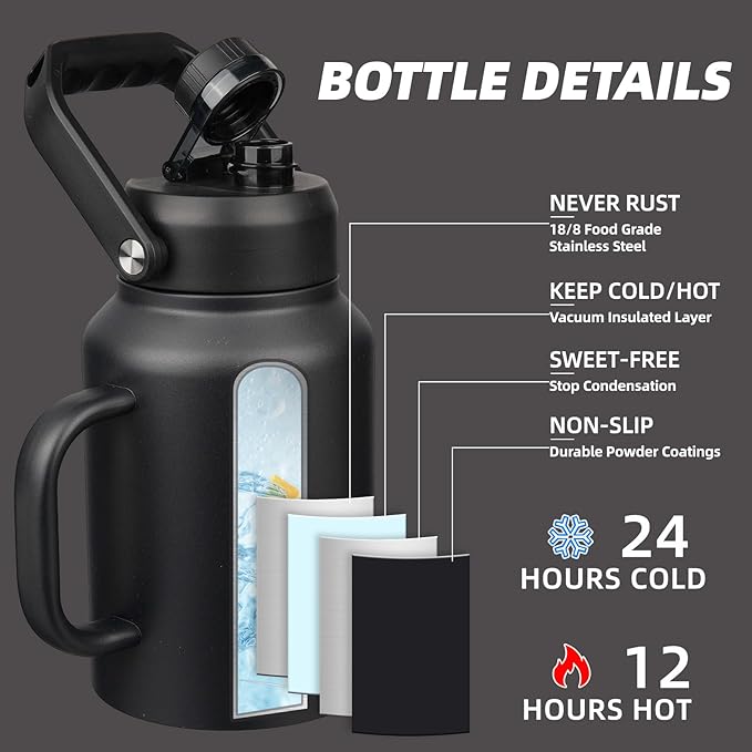 BJPKPK 64oz Insulated Water Bottle with Handle, Large Dishwasher Safe Half Gallon Water Bottle, BPA Free Water Jug, Wide Mouth Metal Flasks with Anti-slip Bottom, Keep Cold & Hot, Black