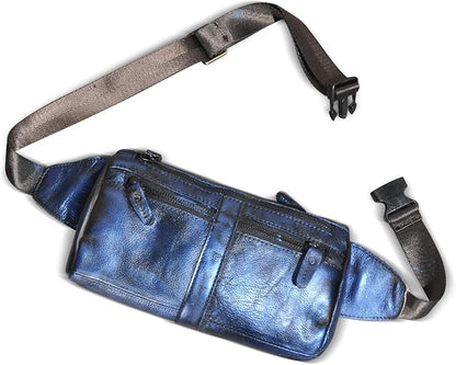 Outdoor Ready Water Resistant Leather Waist Pack for Men Hiking Riding Travel Fanny Bag with Phone Pocket Gifts for Men (Blue&Black)