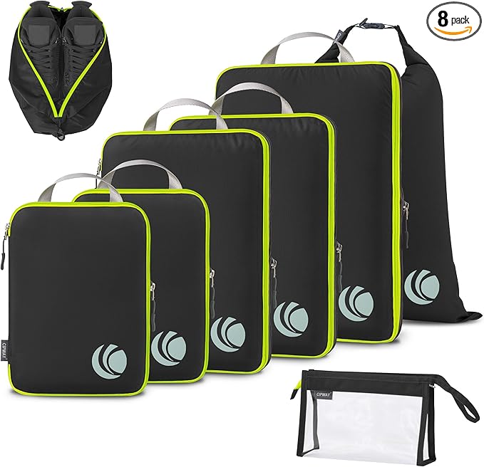 Cipway Compression Packing Cubes, Lightweight Travel Luggage Organizers with Shoe, Toiletry & Laundry Bags, Travel Essentials for Carry-on Suitcase (8 Piece, Black)
